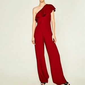 NWT Zara One Shoulder Burgundy Ruffle Jumpsuit